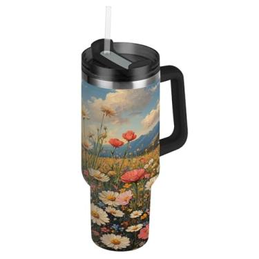 Imagem de Blueangle Copo vintage de 850 g para pintura a óleo de flores silvestres com alça e tampa de palha, caneca de viagem de aço inoxidável isolada a vácuo de parede dupla, garrafa de água reutilizável