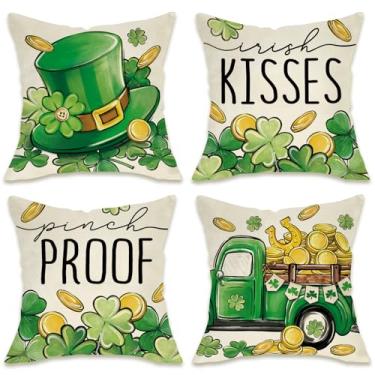 Imagem de Fahrendom Capas de almofada decorativas Dia de São Patrício 45,7 x 45,7 cm, conjunto com 4, cartola, caminhão, moedas de ouro, trevo da sorte, trevo, varanda, pátio, fronha, capa de almofada de sofá