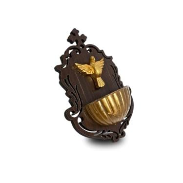 Imagem de Pia Porta Água Benta De Parede Divino Espírito Santo Dourado Em Resina 15cm