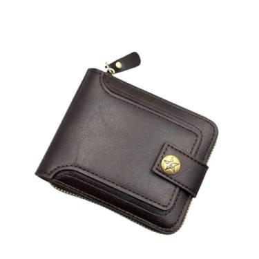 Imagem de Carteira masculina fina dobrável com bloqueio RFID, bolso frontal minimalista com janela para identidade, Marrom escuro