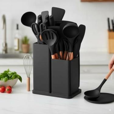 Imagem de Utensilios Para Cozinha Silicone Kit 19 Peças Cabo Madeira Conjunto Completo Espátula Concha Colher Jogo Suporte Faca Ant Tabua Tesoura Faqueiro PREMIUM (Preto) visite nossa loja Leo Top Store