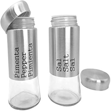 Imagem de Saleiro e pimenta de aco inoxidavel para cozinha, decoracao, conjunto elegante.