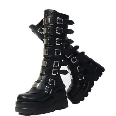 Imagem de NIGXWNS Botas góticas femininas plataforma cano alto com zíper bico redondo cunha punk cano médio fivela salto alto grosso botas de combate, Preto, 35