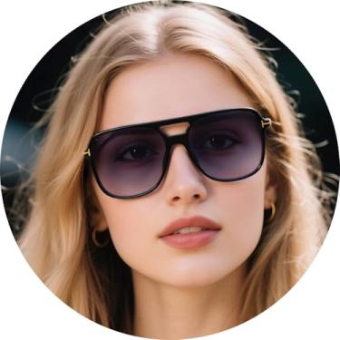 Imagem de Óculos de sol aviador para homens e mulheres, óculos de sol modernos de topo plano com lentes largas, óculos estilo piloto retrô para dirigir e viajar, Moldura preta