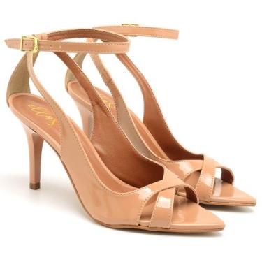 Imagem de Sandália Salto Médio Bico Folha Verniz Nude Ella's, 35, Feminino, Nude