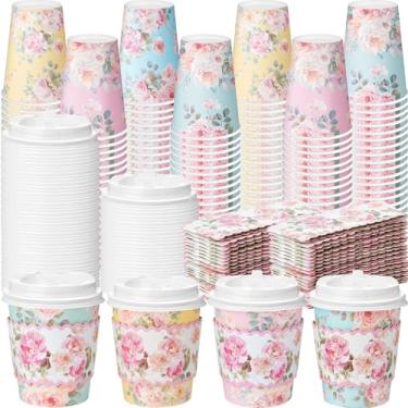 Imagem de Jingmore 100 peças de copos de café de papel floral de 227 g com tampas e mangas design floral xícaras de café descartáveis com flores coloridas para chá de festa de casamento, recepção de bebê,