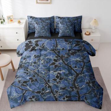 Imagem de Conjunto de cama queen, camuflagem azul marinho, 7 peças, cama rústica em uma bolsa, ramos da floresta com folhas, conjunto de edredom, conjunto de lençóis, fronhas e fronhas, decoração de quarto