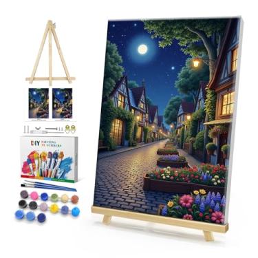 Imagem de HeeBenor Kit de pintura emoldurada por números para adultos, pintura de cidade por número com cavalete, pintura a óleo de paisagem DIY por número, kits de pintura para adultos por números, tela