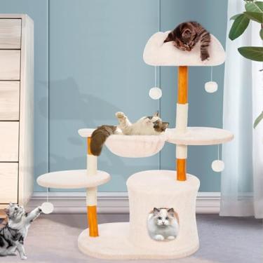 Imagem de Torre de árvore fofa para gatos adultos em ambientes internos, flores de madeira com rede para gatos, torre de árvore moderna para gatos com poste para arranhar, condomínio estético de luxo para gatos