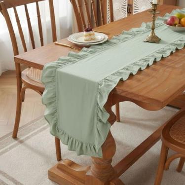 Imagem de HunnmingRe Toalha de mesa com babados, toalha de mesa recortada de 118 polegadas de algodão, lavável, casa de fazenda, rústica, decoração de cozinha, para mesa retangular, dia de Ação de Graças, festa