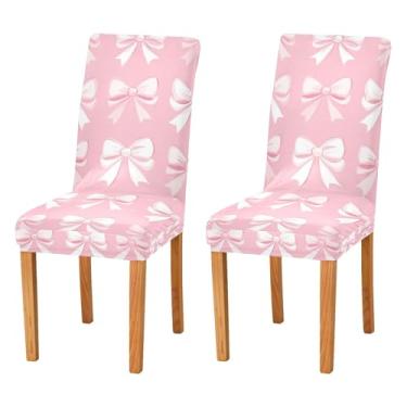Imagem de SEHANY Conjunto de 2 capas de cadeira com laço de bolinhas rosa para sala de jantar, elástico, removível e lavável, para cozinha, hotel, festa, Natal