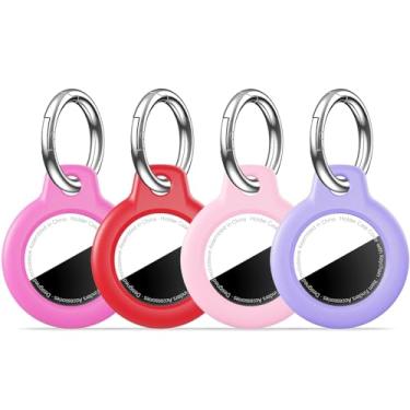 Imagem de MOLOSLEEVE [Pacote com 4] Capa para Airtag com chaveiro, capa de GPS à prova de choque, chaveiro antiarranhões, para Airtag para rastreador de itens GPS para bolsas, bagagens, rosa vermelho/vermelho
