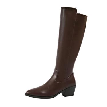 Imagem de Botas femininas longas e retas na altura do joelho com bico fino, zíper lateral e salto baixo, Marrom, 38