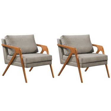 Imagem de Conjunto 2 Poltronas Sala De Estar Monique Madeira Cerejeira Bege Veludo