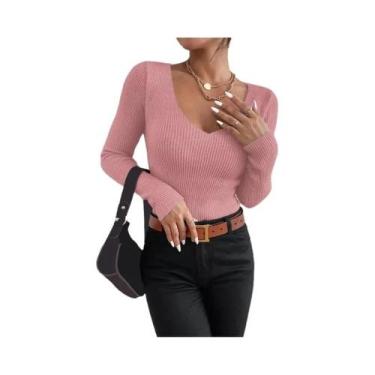 Imagem de Blusa Feminina De Tricô Canelado Com Decote V E Listras, Manga Longa, 