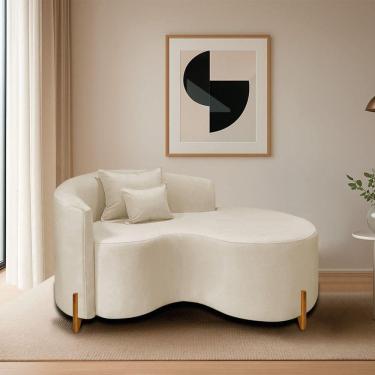 Imagem de Divã Recamier Curvo Sala De Estar Recepção Inglaterra 150cm Pés Madeira Lado Direito Bouclé Cor Bege