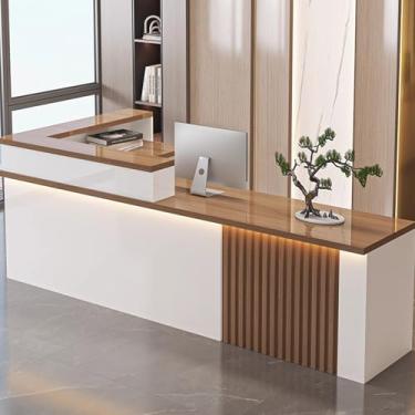 Imagem de Mesa de recepção, balcão de recepção com gaveta com trava, grande armazenamento para loja de roupas, salão de beleza, saguão (marrom R, 120 cm)