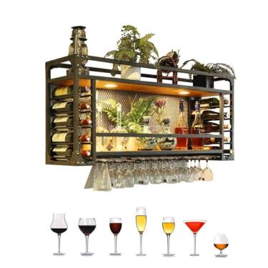 Imagem de Suporte de garrafa e copo de vinho de metal flutuante montado na parede com gancho de taças - Prateleira de bar e cozinha de fácil instalação (105 cm) - Perfeito para decoração de casa, café e