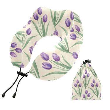 Imagem de Burbuja Travesseiro de pescoço de tulipa violeta para viagem, almofada de viagem de espuma viscoelástica para dormir, suporte de cabeça de avião de carro, lavável na máquina e portátil