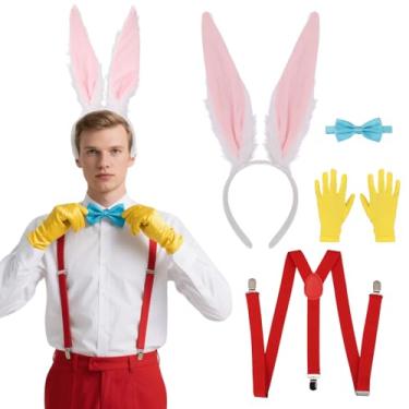 Imagem de 4 peças de fantasia de coelho coelho masculino orelha de coelho bandana gravata borboleta Y Suspensório ajustável nas costas para Halloween adulto cosplay