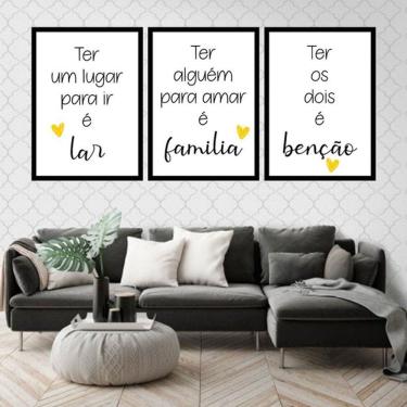 Imagem de Kit 3 Quadros Decorativos Lar, Família, Benção -Amarelo