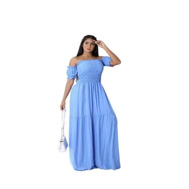 Imagem de Vestido longo cigana com elastex de tecido viscolinho - SP STORE, Azul