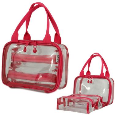 Imagem de Maleta com Estojos Organizadores Cristal Maleta com 2 Estojos Godinho em PVC Cristal 20cm Rosa Pink