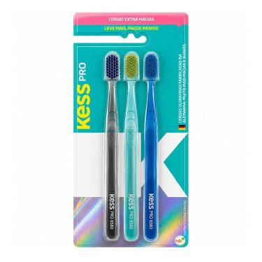 Imagem de Kit de Escovas Dentais Kess Pro Extra para Higiene Bucal Diária com 3 Unidades