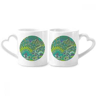 Imagem de Conjunto de canecas de porcelana para casal de peixes verdes abstratos desenho de linha coração copo amante