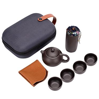 Imagem de Conjunto de chá de cerâmica roxa areia bule portátil de viagem ao ar livre e xícaras conjunto com vasilha de chá de toalha e bolsa de transporte