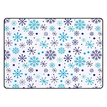 Imagem de DreamBay Tapete de área para sala de estar quarto sala de aula cozinha 90 cm x 150 cm Natal roxo azul flocos de neve, tapete grande para brincar para berçário quarto adolescente tapetes de entrada decoração de casa