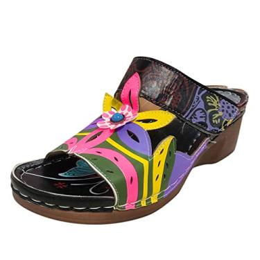Imagem de Sandálias de suporte de arco para mulheres tamanho grande estilo étnico primavera moda anabela chinelos sapatos casuais de verão e chinelos femininos (preto, 9,5-10)