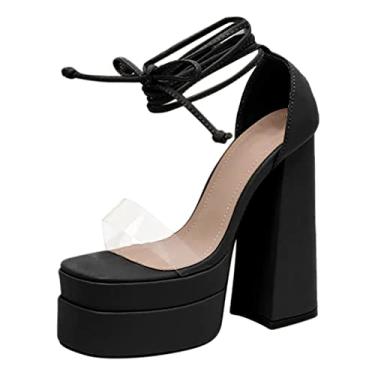 Imagem de Sandálias femininas de plataforma verão mais recente com cadarço quadrado sandálias de salto alto para meninas sapatos de plataforma de tira transparente aberta (preto, 7)