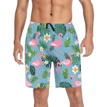 Imagem de CHIFIGNO Calças de pijama masculinas, shorts de dormir atléticos casuais, calça de pijama masculina com bolsos e cordão, Flamingos rosa e folhas verdes, GG