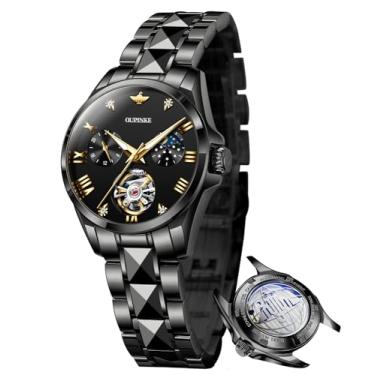 Imagem de OUPINKE Relógio feminino automático, luxuoso, esqueleto, diamante, corda automática, mecânica, elegante, relógio de pulso feminino, cristal de safira, à prova d'água, luminoso, Preto, Mecânico