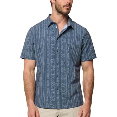 Imagem de INTO THE AM Camisa masculina tribal azul marinho com botões casuais - camisa havaiana de férias de manga curta com botões relaxados, Tribal marinho, P