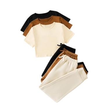 Imagem de SOLY HUX Conjunto de 6 peças de camiseta de manga curta e calça de moletom para meninas casuais de verão, Preto, marrom, bege, 10Y
