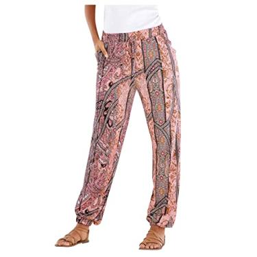 Imagem de Lainuyoah Calça cropped leve para mulheres verão plus size estampa floral boho cintura elástica férias calças afuniladas, B - Rosa, P