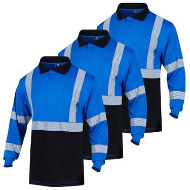 Imagem de VENDACE 3 peças de camisas polo refletivas de manga comprida Hi Vis para homens ANSI Classe 3 camisetas de trabalho de alta visibilidade, Azul, M