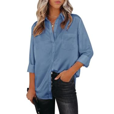 Imagem de Aoudery Camisas femininas de botão, manga comprida, gola sem rugas, gola V, trabalho, escritório, túnica de chiffon, Jeans azul, G