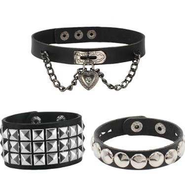Imagem de Conjunto de 3 pulseiras punk rock cravejadas, pulseira de couro gótico, pulseiras dos anos 80, acessórios de Halloween ajustáveis para homens e mulheres (conjunto punk-1), Medium, Couro, Sem Pedra