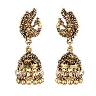 Imagem de Brincos indianos vintage com borla de sino banhado a ouro, boho, feito à mão, antigo, bollywood, cigano, tibetano, jhumka, pavão, brincos pendentes para mulheres, estilo étnico, joias tradicionais,