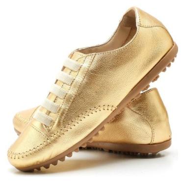Imagem de Tênis Feminino Sapatênis Couro Casual Mocassim - D' Roma, Dourado, 36