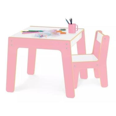Imagem de Mesa Infantil Didática Madeira Junges Rosa Com 1 Cadeira Super Resiste