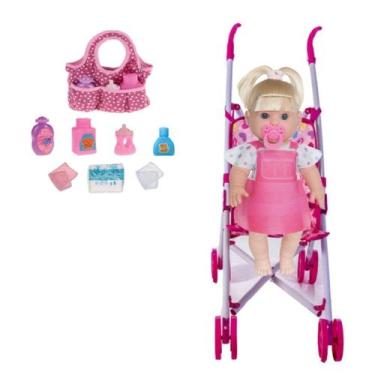 Imagem de Boneca Bebê Menina Danadinha 34cm Loira + Carrinho e Bolsa - Milk Brin