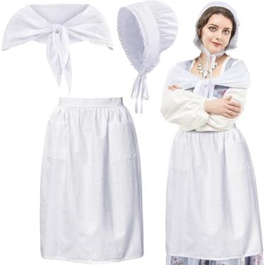 Imagem de Hercicy Conjunto de 3 peças de fantasia colonial para mulheres, boné de máfia branca, xale, meio avental, empregada camponesa, peregrino, fantasia para meninas cosplay, Branco, One Size