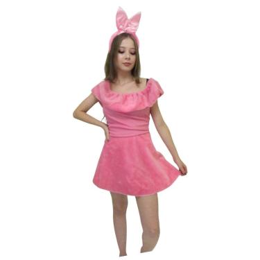 Imagem de Fantasia Vestido Coelhinha da Páscoa Coelha Rosa Adulto Pelúcia Feminina Carnaval Halloween Zumbi Terror