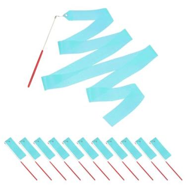 Imagem de PATIKIL Fitas de dança, pacote com 14, serpentinas de dança de ginástica de 192 cm com varinha antiderrapante para presentes, dança, shows de talentos, bastão girando, azul e verde