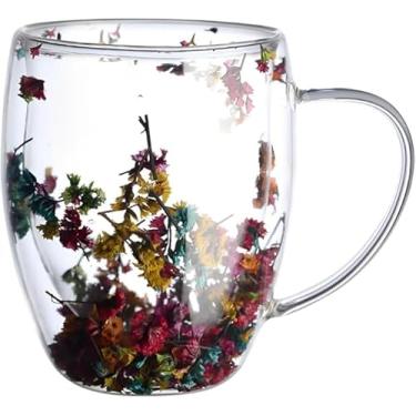 Imagem de Copo de Vidro Duplo com Flores Secas entre as camadas, 300 ml, Xicara Enfeitada para Bebidas Decoração, Estampada