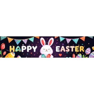 Imagem de BlissYard Banner grande de Happy Easter 198 x 43 cm, faixa de coelhinho da páscoa, bem-vindo, primavera, tema de Páscoa, letreiro de primavera, decoração de pano de fundo, adereços para fotos internas